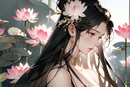 13449-1609202451-masterpiece,(masterpiece, top quality, best quality),1girl,long hair,flower,black hair,lotus,solo,hair ornament,dress,bare shoul.png